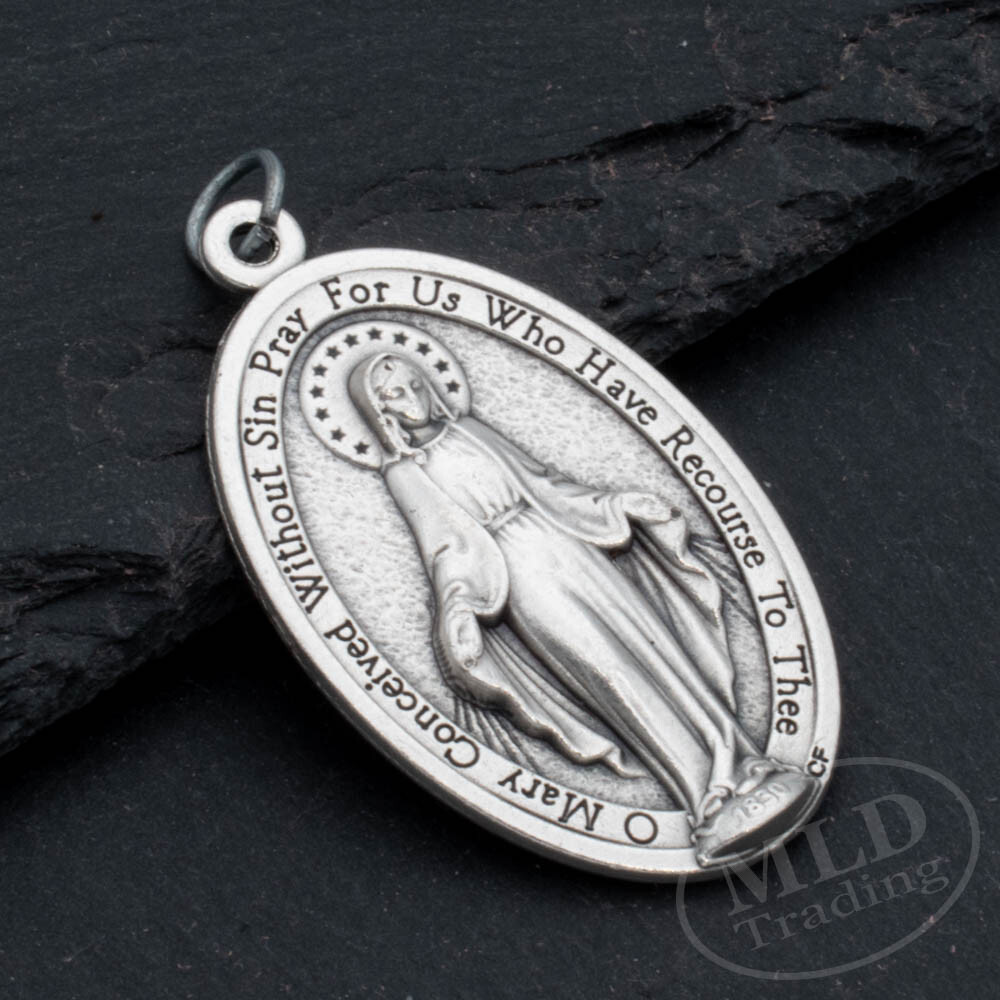 Our Lady Miraculous Medal Pendant Large 1.75″ Silver Oxidized Made In Italy