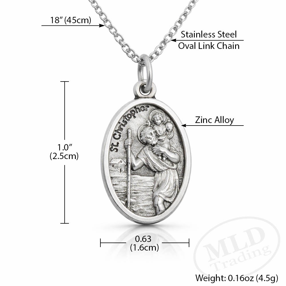 Saint St Christopher Protect Us Oval Silver Medal Pendant Necklace 18″ Chain