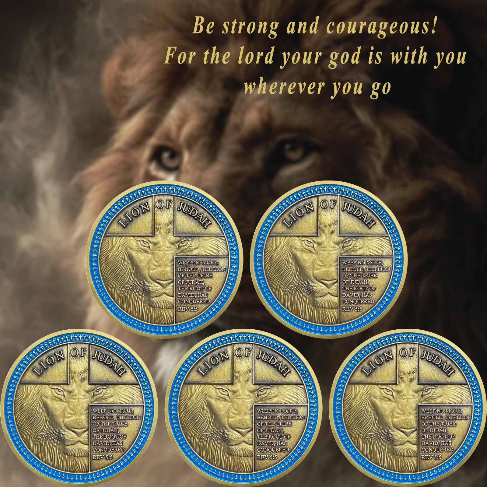 5Pc Lion Of Judah Christian Coin Joshua 1:9 Bible Inspirational Faith Token Gift