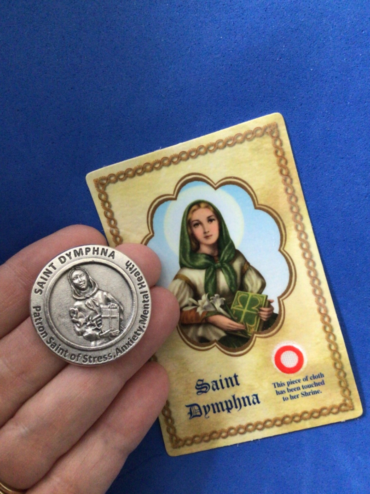 St DYMPHNA Pocket Token Stress Anxiety + RELIC Card 1-1/8″ Saint Medal Silver
