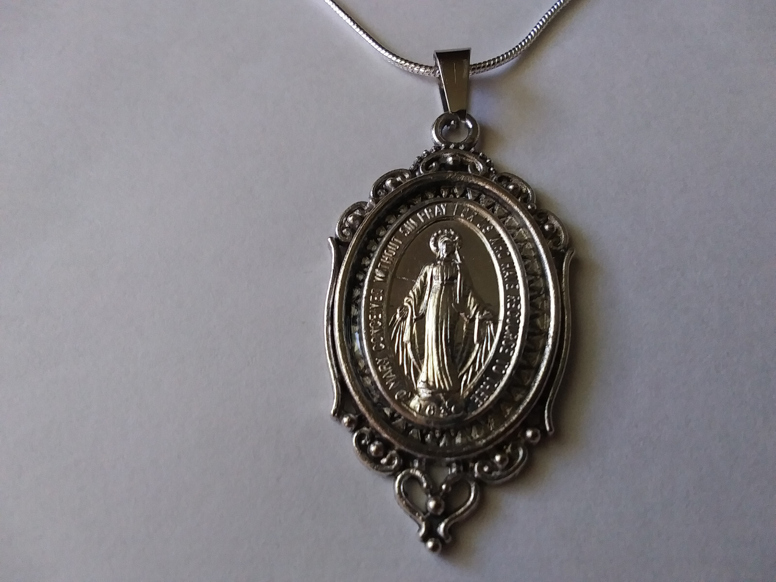 Silver Miraculous Medal Pendant Necklace 925 Sterling Snake Chain Unique OOAK!