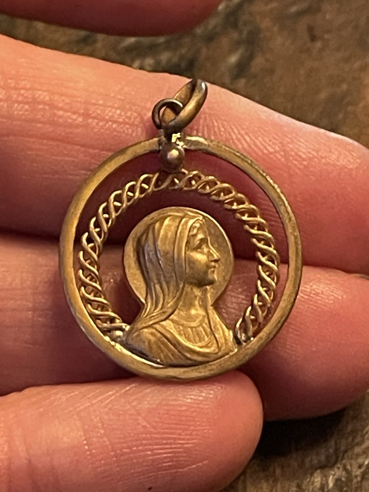 French medal Virgin Mary Retro Pendant 1” Antique Lourdes Brass Gold Unique