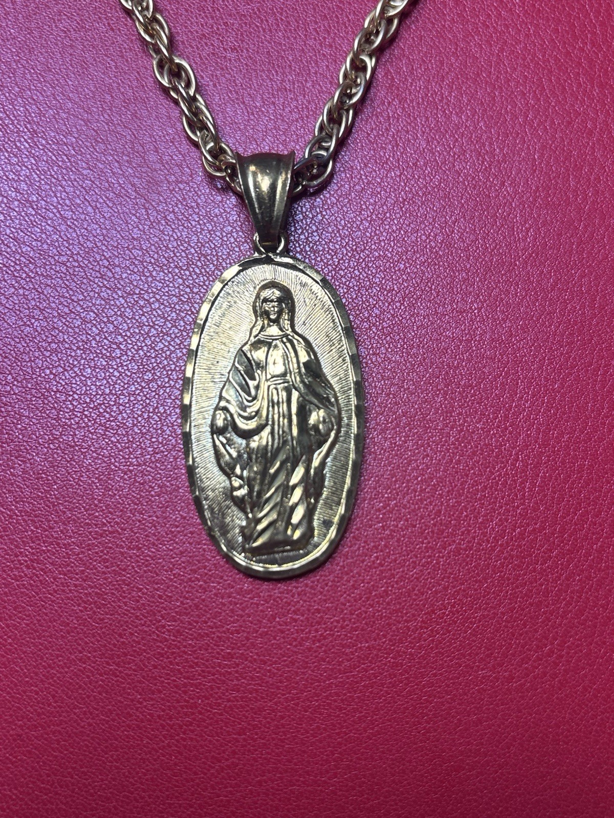 LARGE MIRACULOUS MEDAL VIRGIN MARY 18k YELLOW GOLD PLATED PENDANT NECKLACE 24”