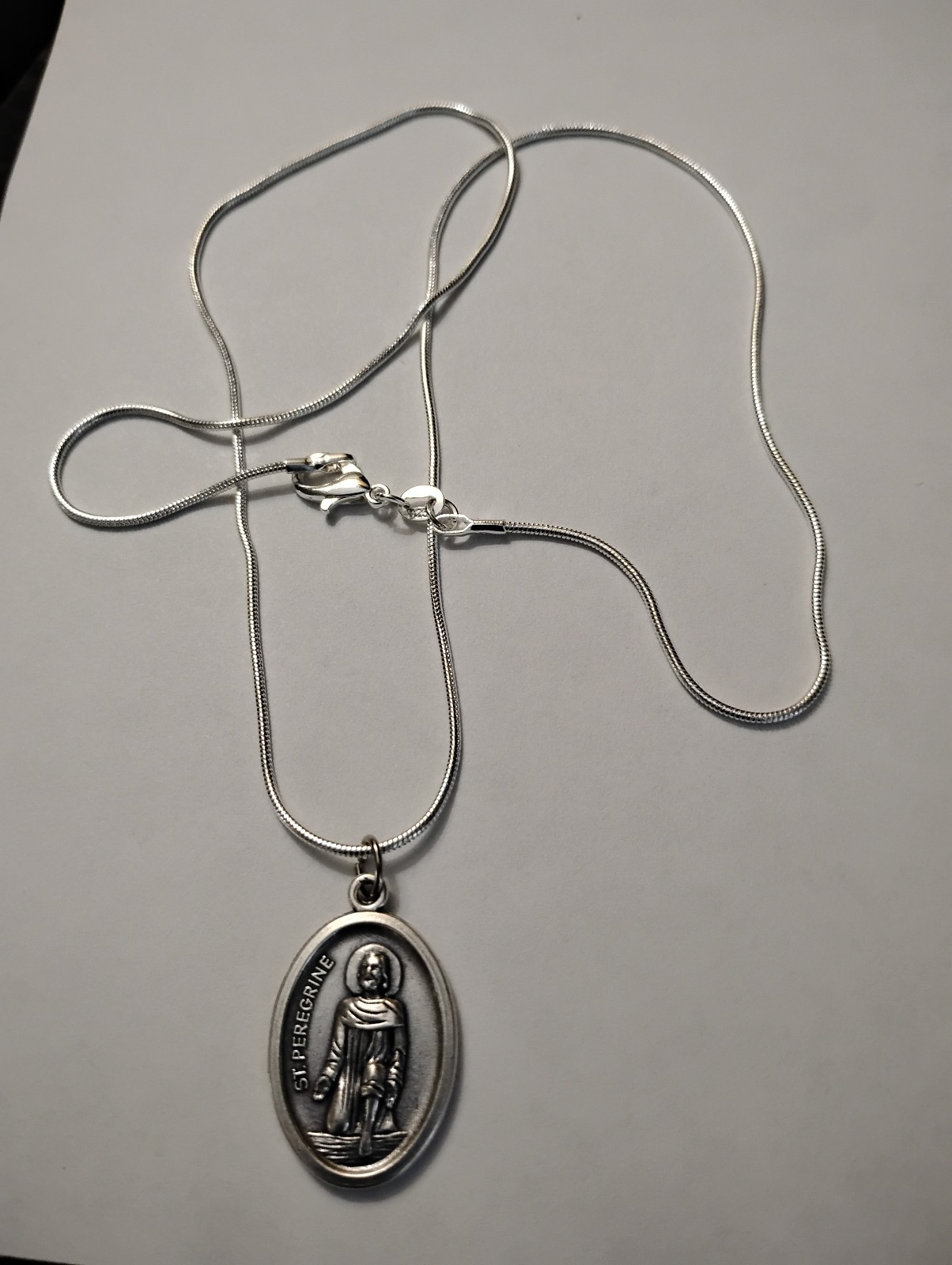 Saint Peregrine Medal Necklace 925 Sterling Silver Snake Chain + Prayer card