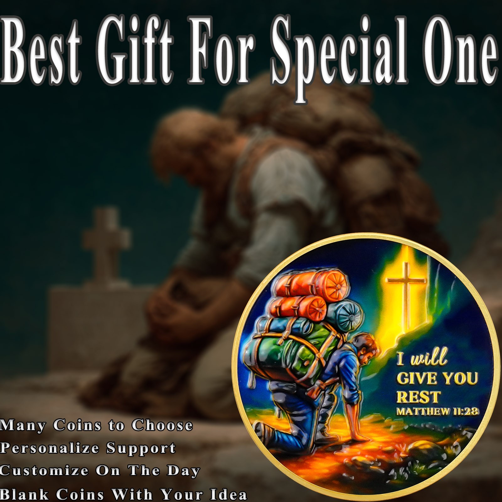5pcs Christian Challenge Coin – I Will Give You Rest – Matthew 11:28 Verse Coin