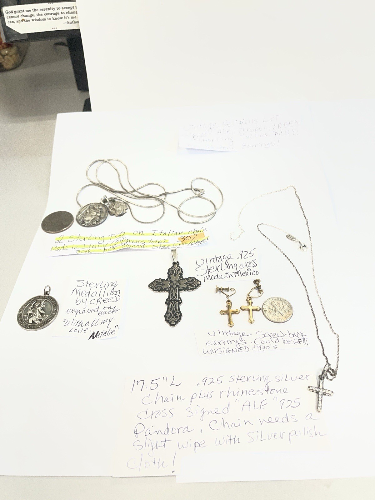 STERLING SILVER RELIGIOUS ITEMS VINTAGE CHAPEL, CREED, ALE(PANDORA?),DIFF.SAINTS