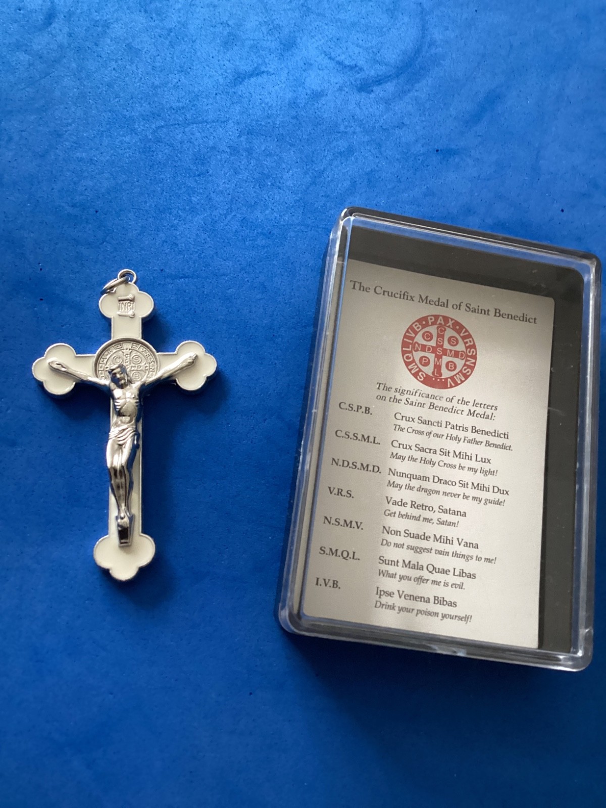 St BENEDICT Crucifix Budded Cross Cream White Enamel 3” Silver Tone Metal Saint