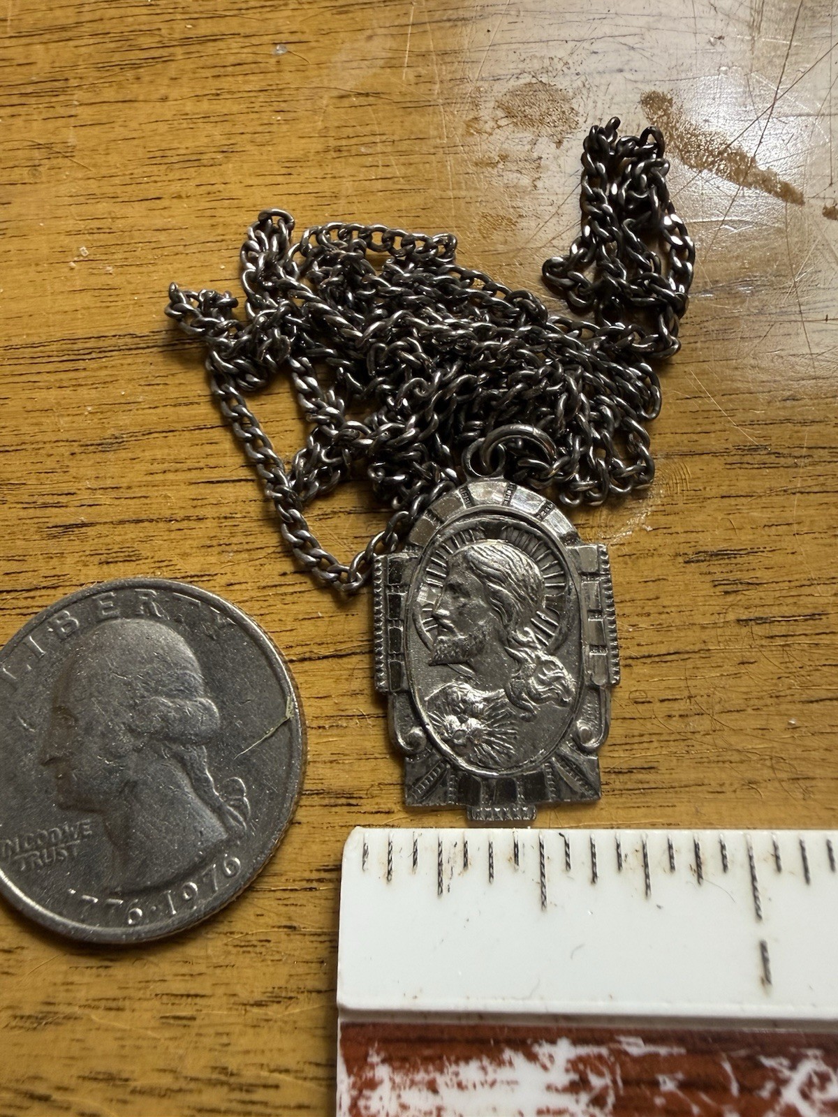 Vintage AFCO Sterling Silver 28” Necklace Sacred Heart of Jesus medal pendant