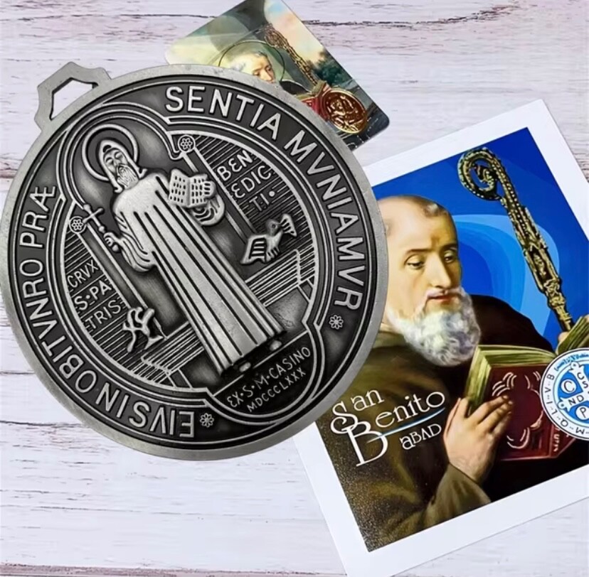 Catholic St Benedict Large 5” Medal 5oz Silver Color Medalla de San Benito