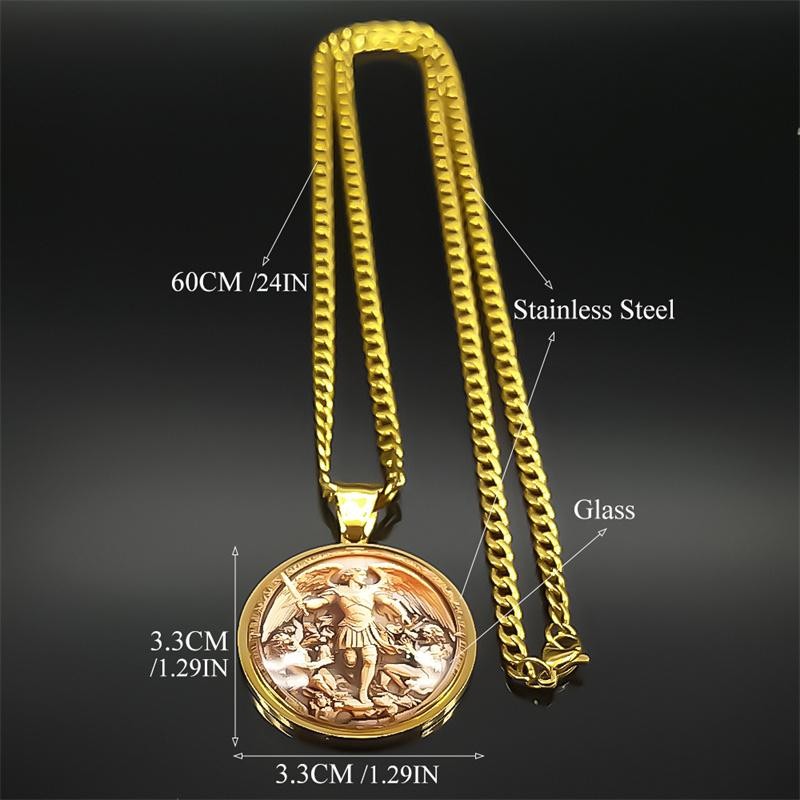 St Michael Protect Us Medal Necklace Gold Stainless Steel Archangel Pendant Men