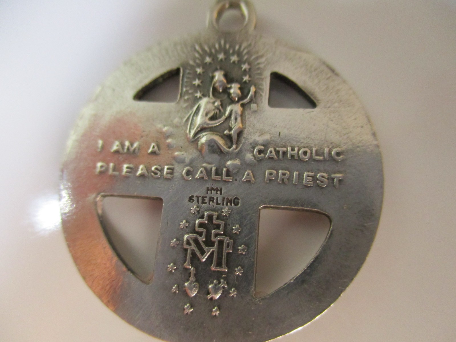 Old Sterling Medal Jesus/Mary/Joseph Pendant I am Catholic Please Call A Priest