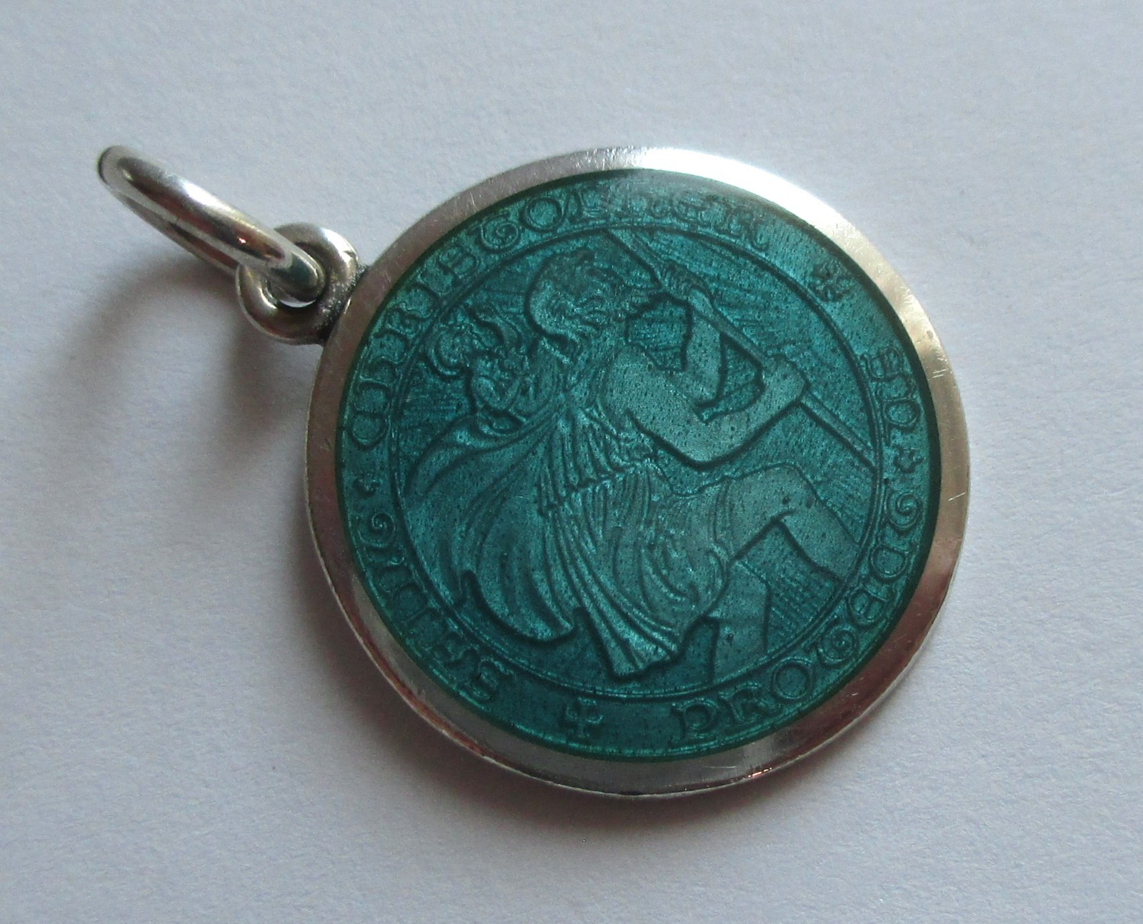 7/8in STERLING SILVER BLUE ENAMEL SAINT CHRISTOPHER MEDAL PENDANT Engraved Dated