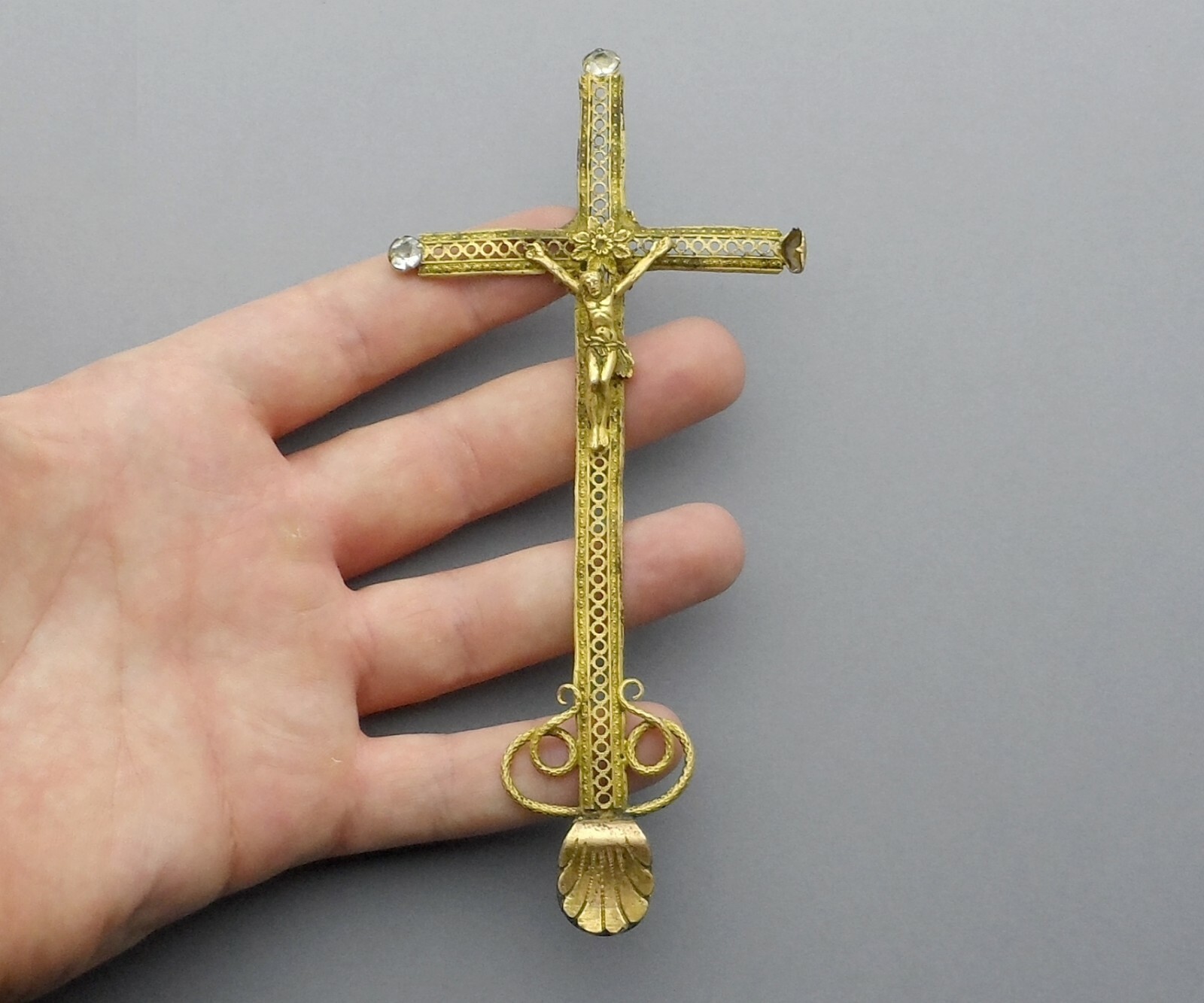 French, Antique Religious Large Brass Cross. Gold Plating Crucifix.