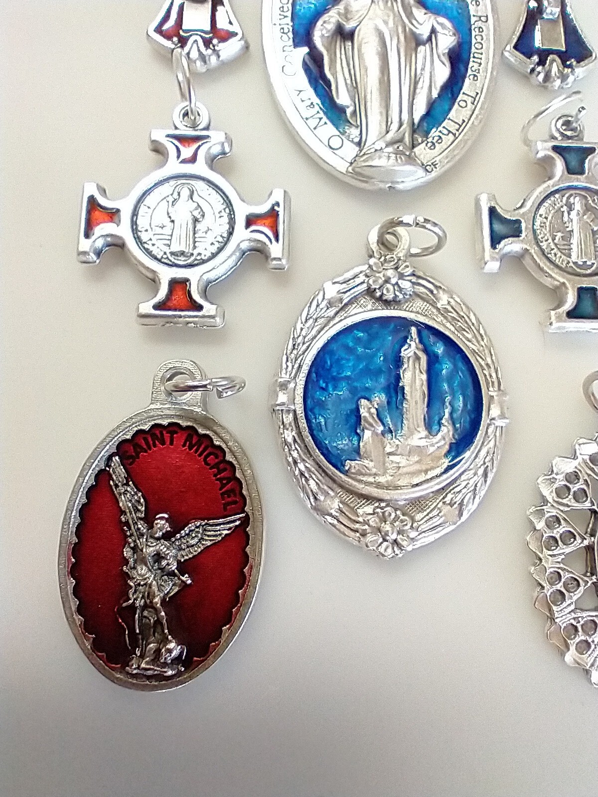 Catholic Lot Red Blue Enamel Miraculous Medal St Michael Benedict Lourdes Medals
