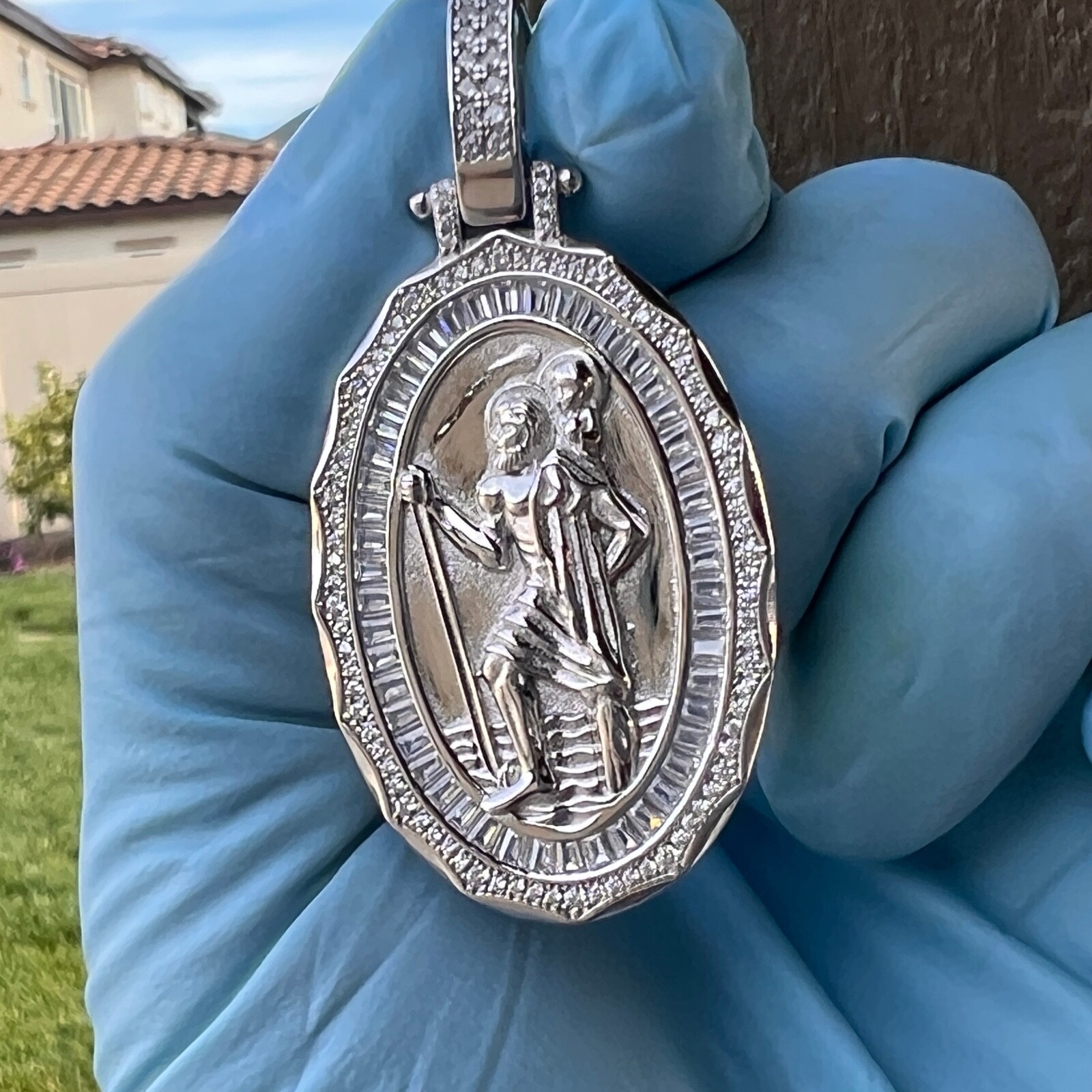 925 Sterling Silver St Saint Christopher Medal CZ San Cristobal Medalla Pendant