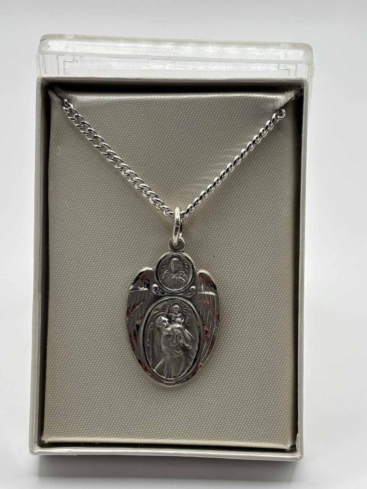 Vintage HMH Sterling Silver St Christopher Angel Wings Scapular Medal Necklace