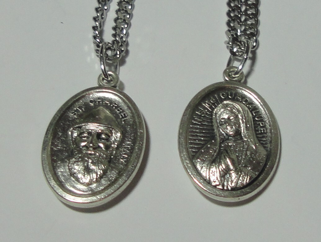 ST CHARBEL & GUADALUPE Holy Medal & Chain Middle Eastern Lebanon Peace Saint