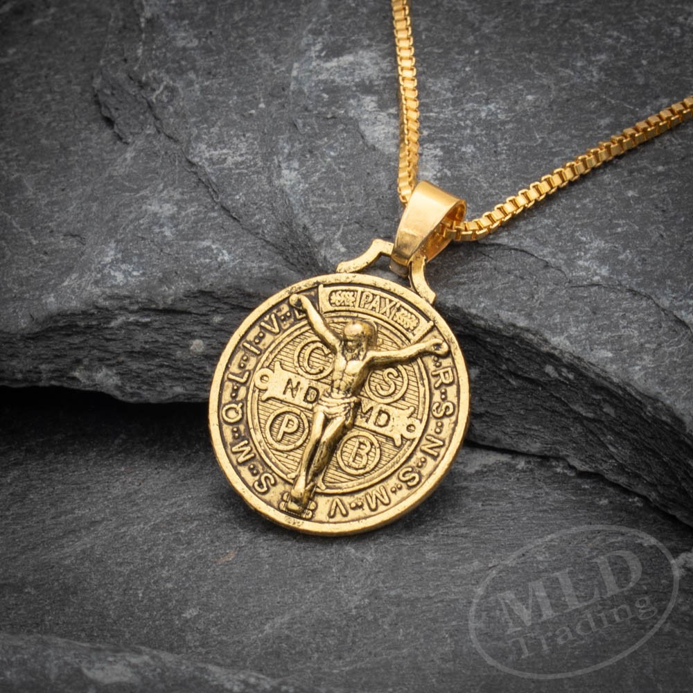Gold Jesus Crucifix Saint St Benedict Medal Cross Pendant Necklace 24″ Box Chain