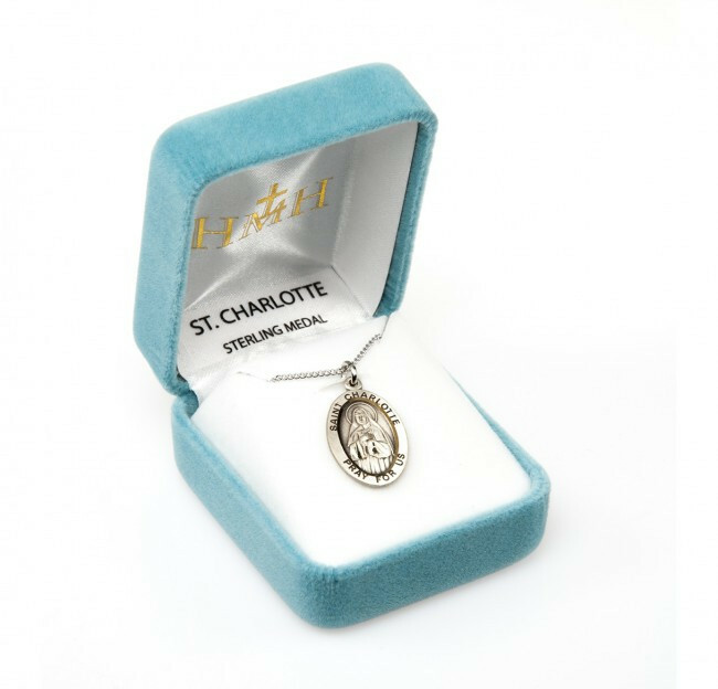 St. Charlotte Sterling Silver Oval Shield Medal, Velvet Gift Box, .9″, US Made