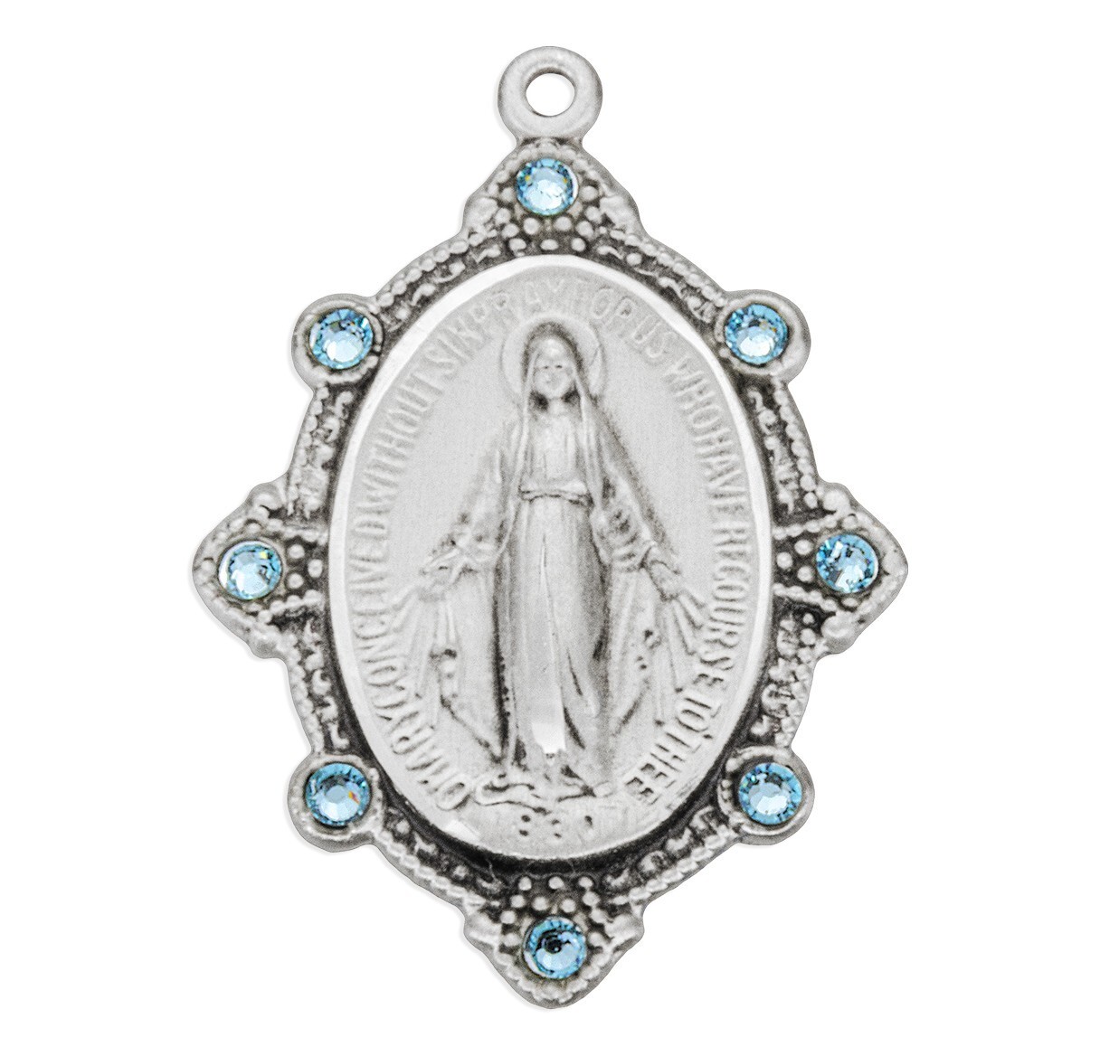 Sterling Silver Oval Miraculous Medal with Light Blue Austrian Crystal Accents