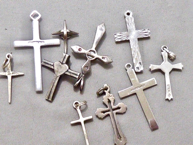 (10) VINTAGE STERLING SILVER RELIGIOUS CROSS PENDANTS OR CHARMS STAMPED STERLING