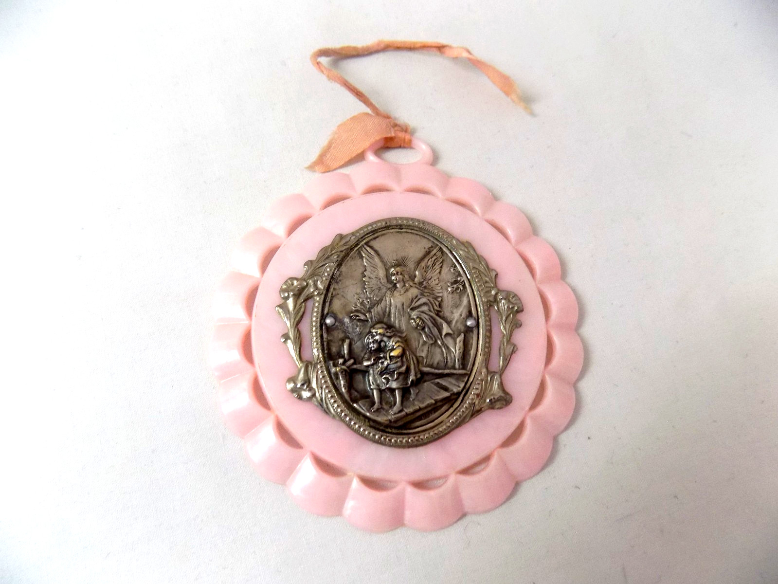 VTG 1940s-50s Pink Baby Crib Ornamant W/Silver Guardian Angel Mediallion-Italy