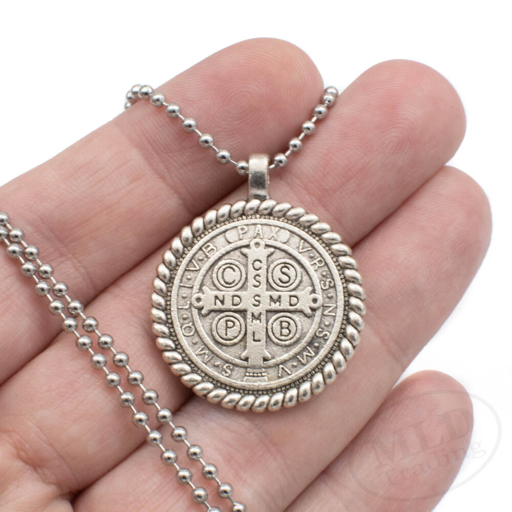 Knot Border Saint St Benedict Medal Pendant Necklace 24″ Ball Chain Silver Tone