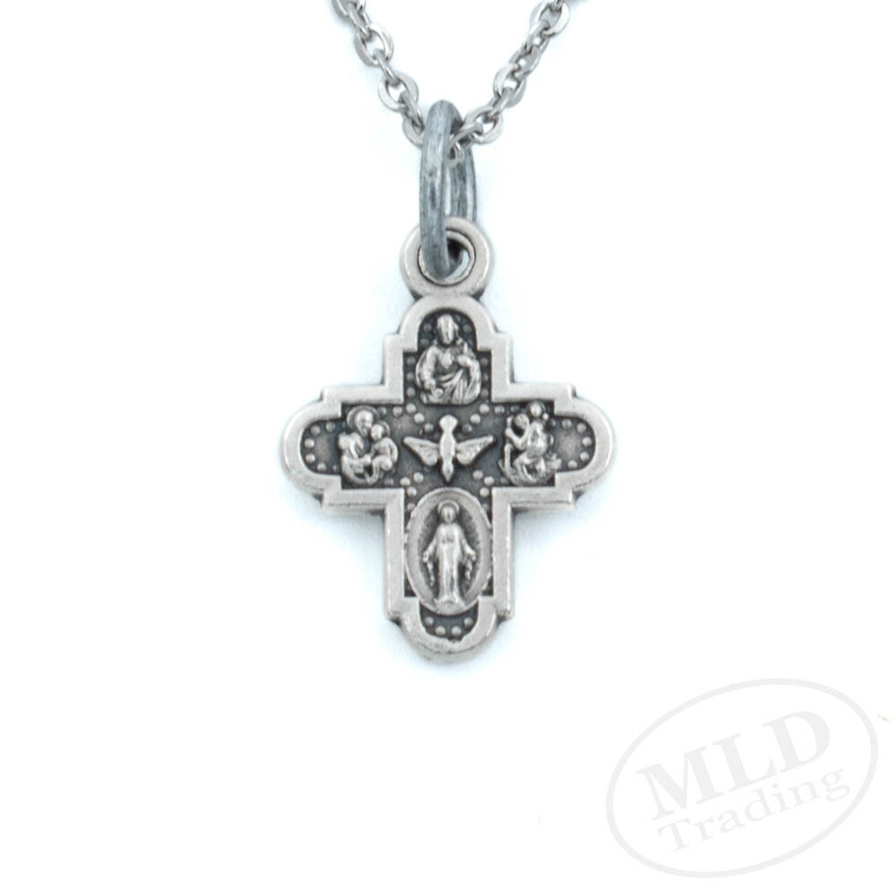 Four Way Medal Pendant Necklace – Silver Plated, 3/4″ Made in Italy, 18″ Chain