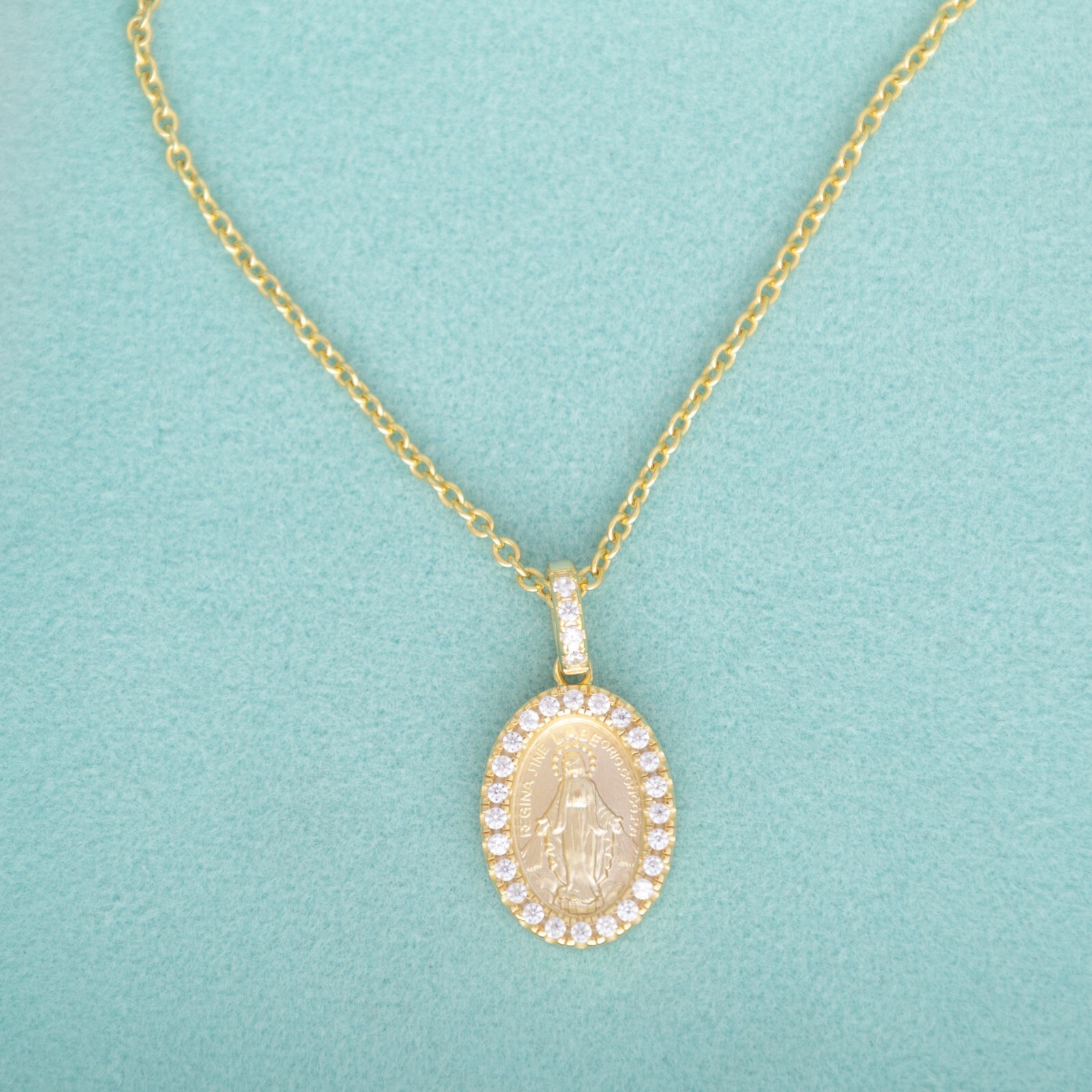 Miraculous Medal Pendent Necklace 18k Gold plated Silver CZ Virgin Mother Mary