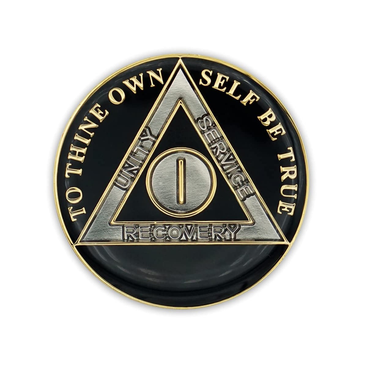 1 Year Sobriety Coin | Triplate AA Chip Recovery Anniversary Token (Black)