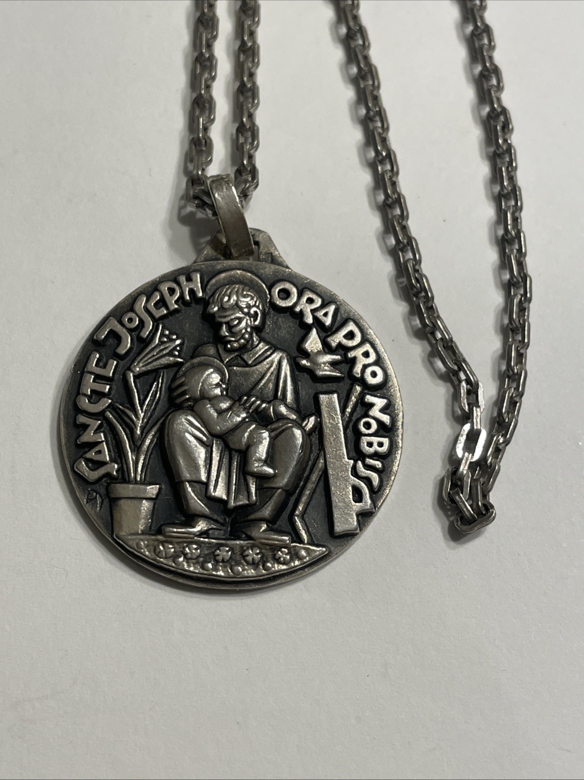 St Joseph Large Medal – Sterling Silver Antique Replica 24” Necklace Pendant