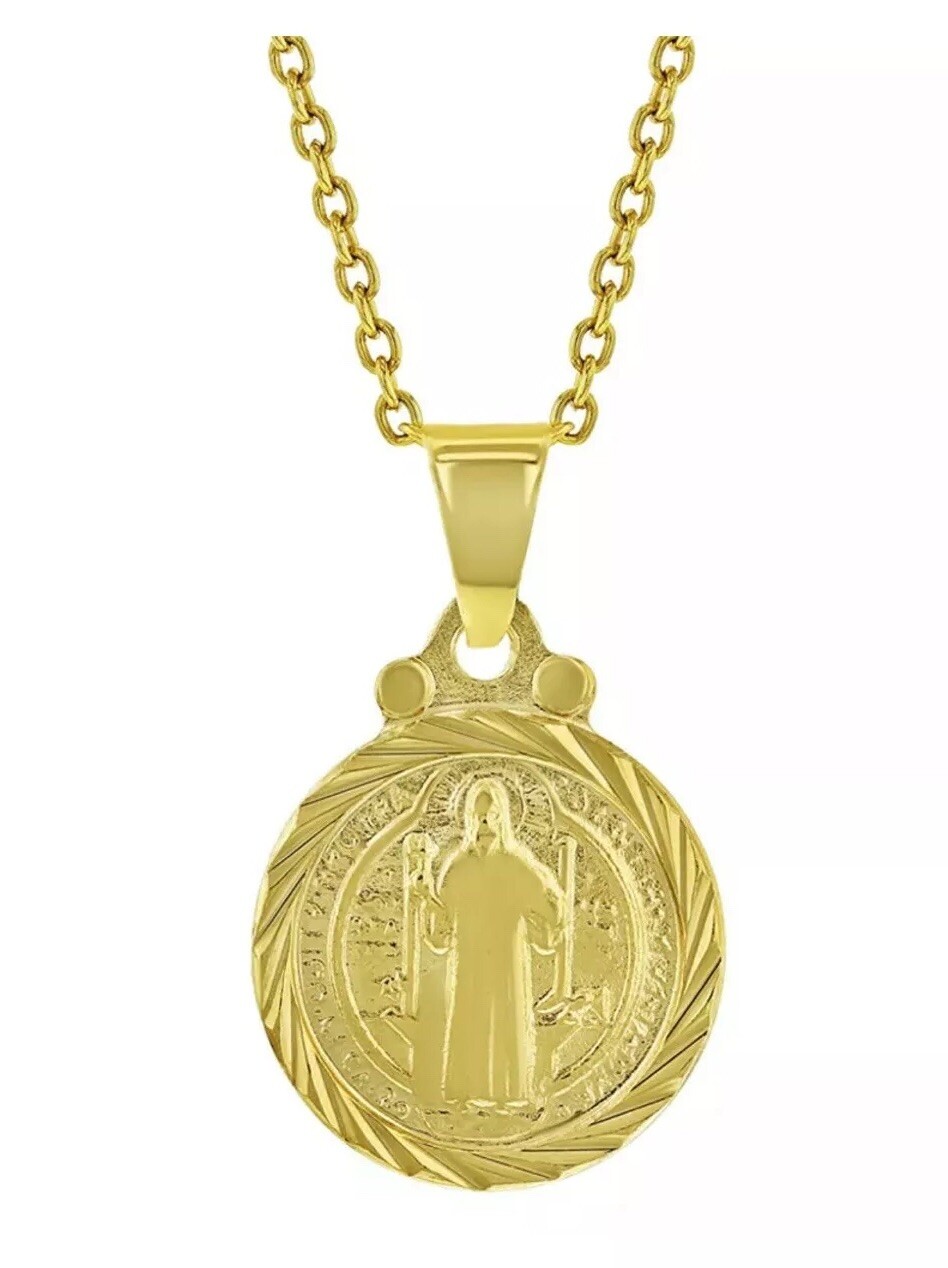 18k Gold Plated San Benito St Saint Benedict Small Medal Protect. Necklace 20”