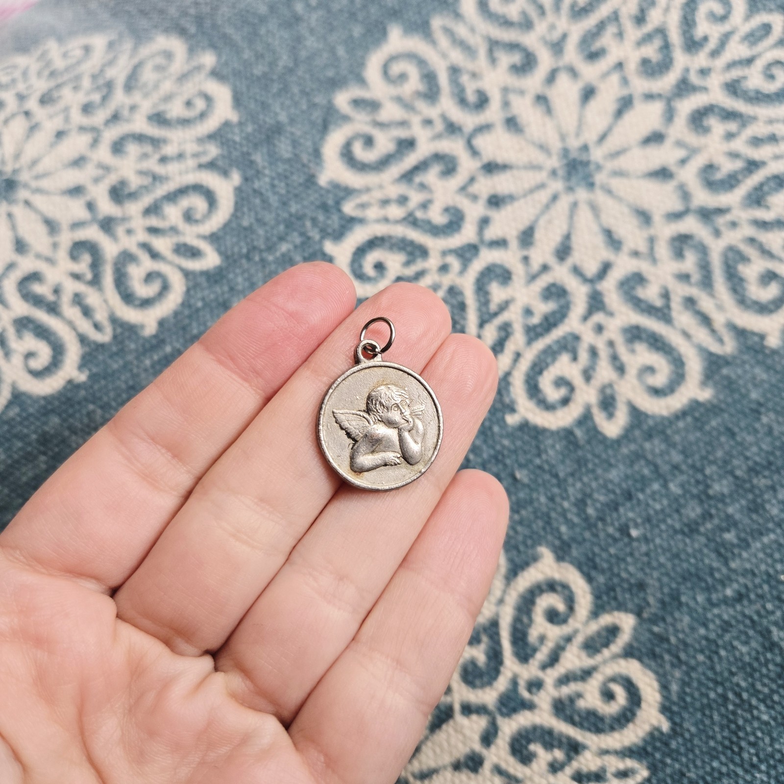 Vintage Silver Grey Angel Medallion Medal Coin Pendant