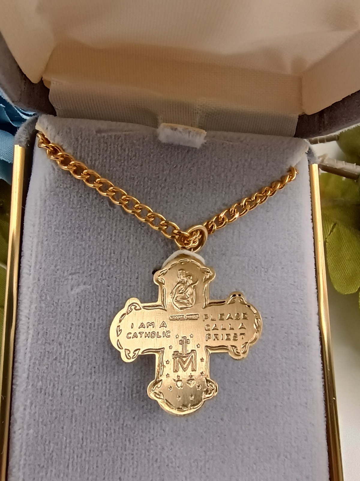 Vintage 14K Gold Filled 4 Way Catholic Cross Medal Pendant in Original Box