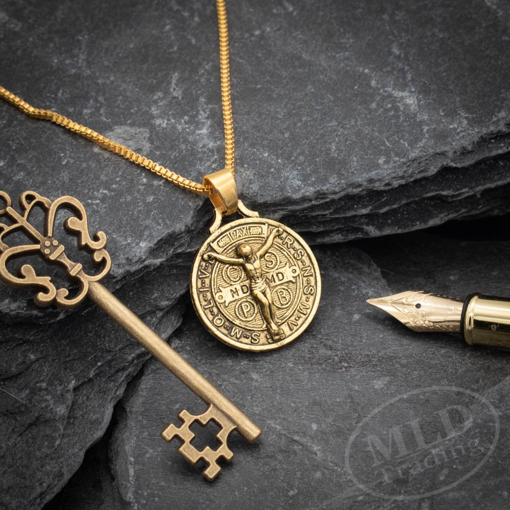 Gold Jesus Crucifix Saint St Benedict Medal Cross Pendant Necklace 24″ Box Chain