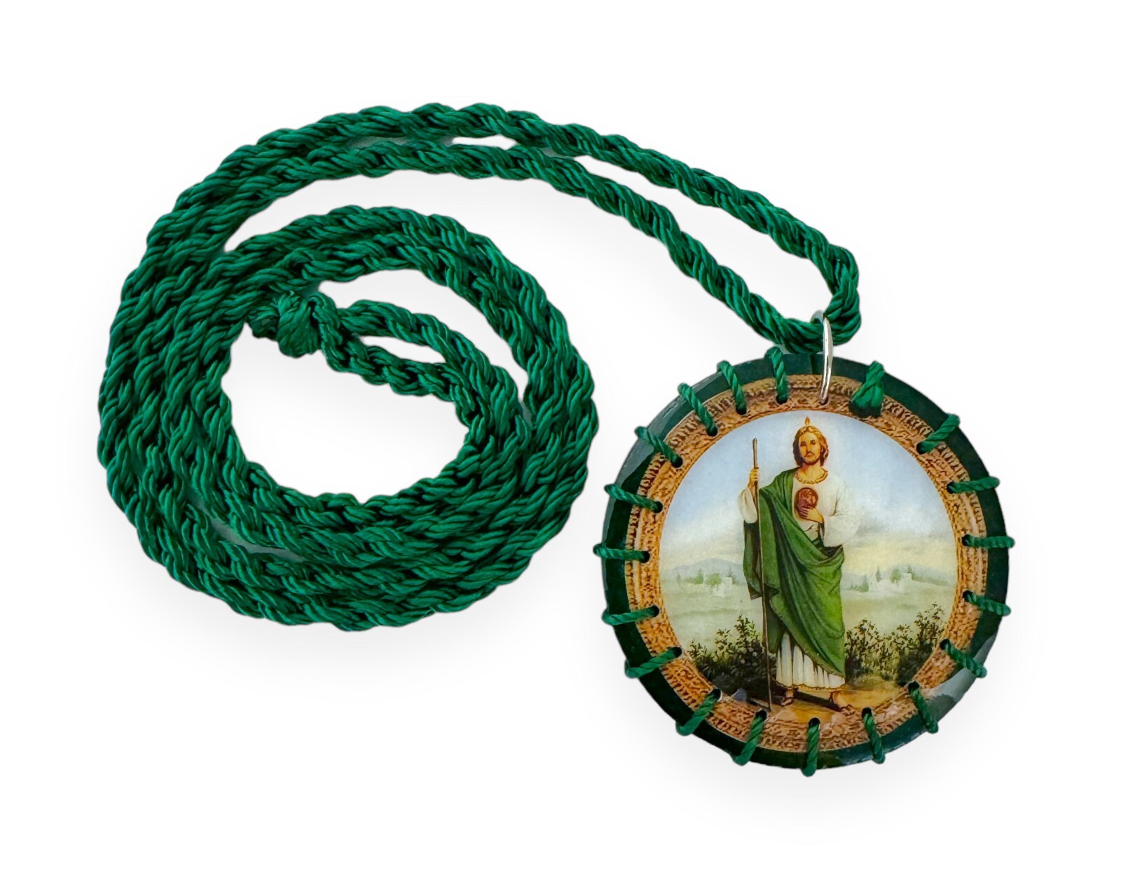 St Jude Green Round Scapular Necklace Wood Escapulario Madera Verde San Judas