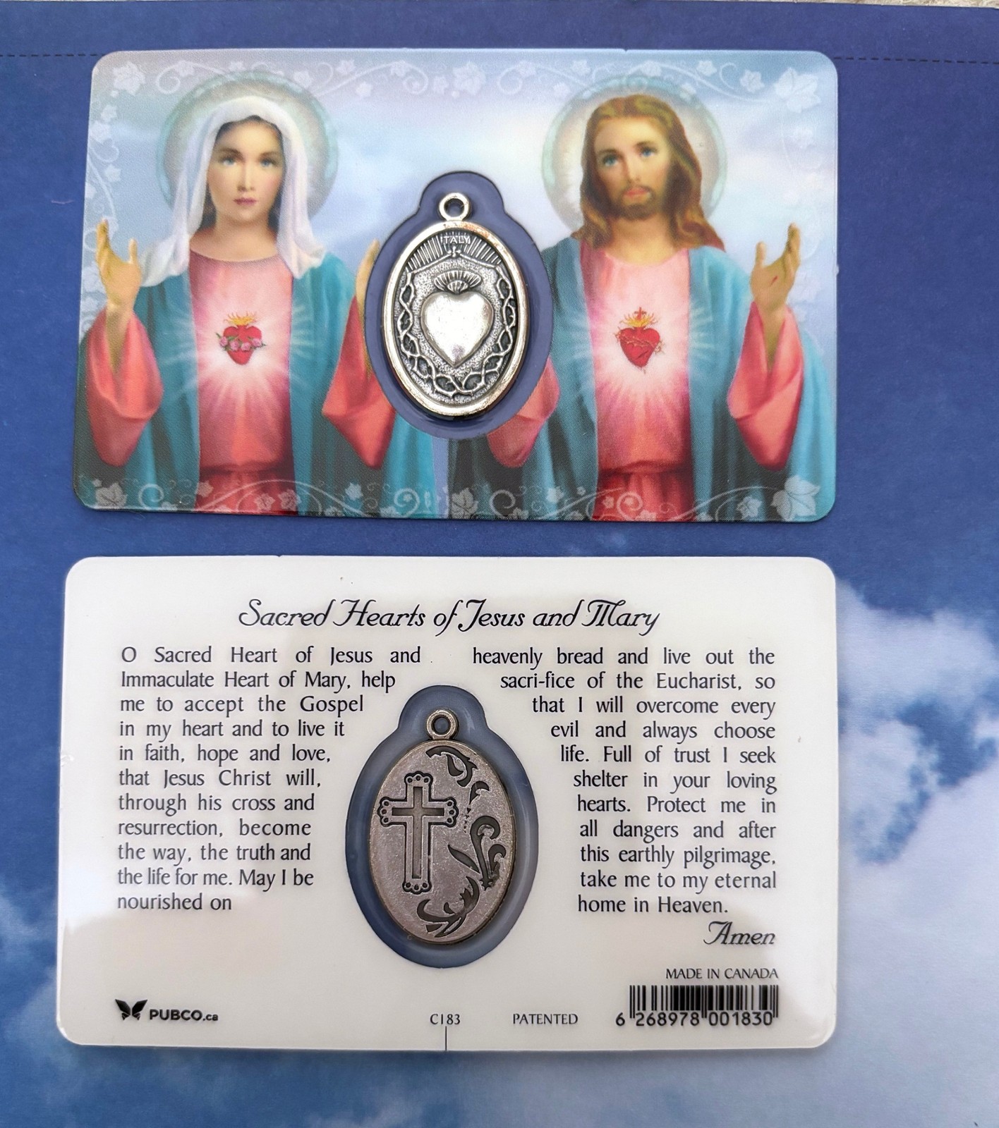 Plastic Sacred Hearts of Jesus and Mary Wallet Prayer Card w/ Medal