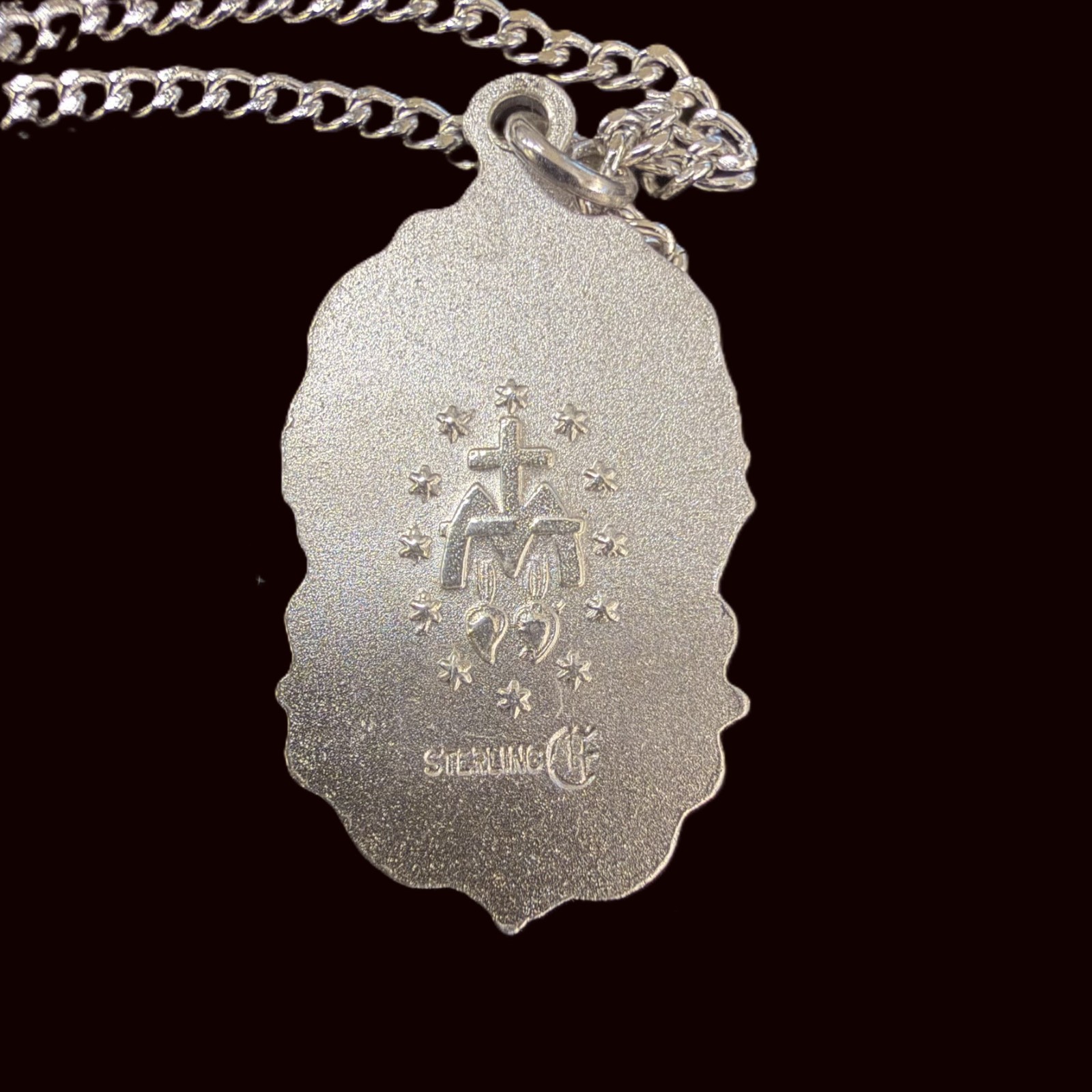 Vintage Sterling Silver Our Lady of the Miraculous Medal Pendant Necklace
