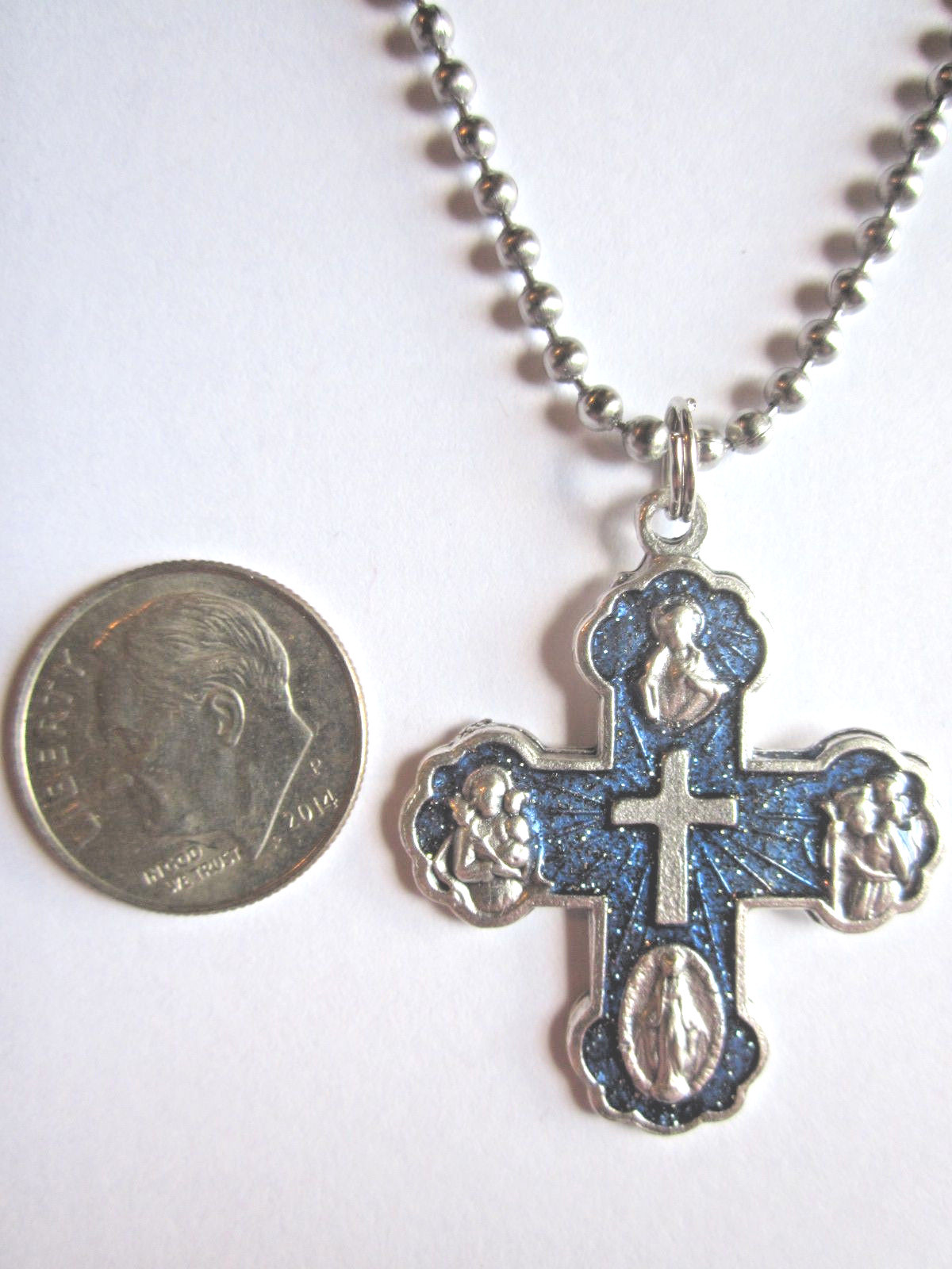 Catholic Five Way Medal Cross 1 3/8″ w Blue Enamel Italy Necklace 24″ Ball Chain