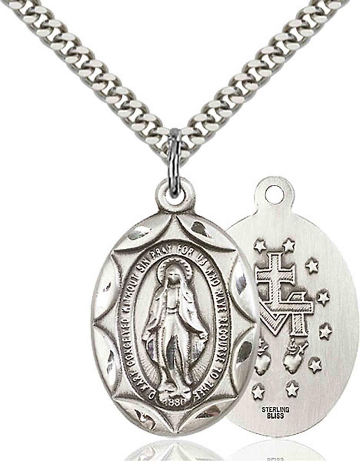 Sterling Silver Catholic Miraculous Mary Medal Oval Pendant Necklace 24″ GiftBox