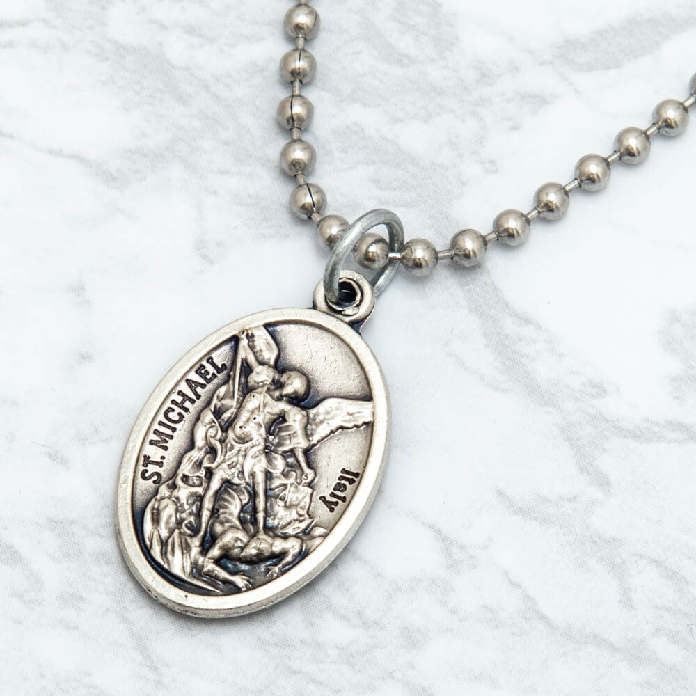 Patron Saint St Michael Guardian Angel 1″ Medal Pendant Necklace 24″ Chain Italy