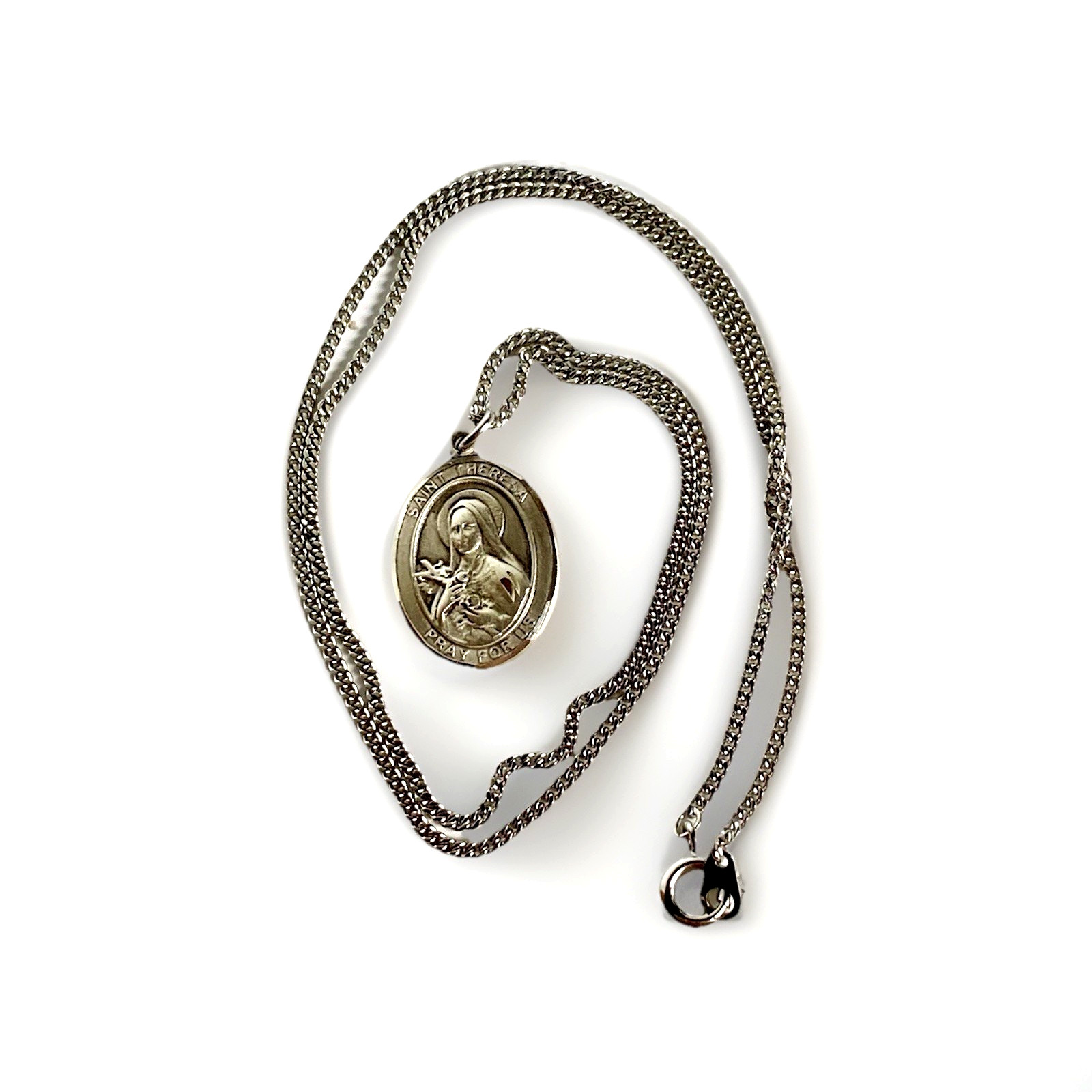 Vintage Sterling Silver Saint Theresa Medal/Pendant and Necklace, 18″ Long