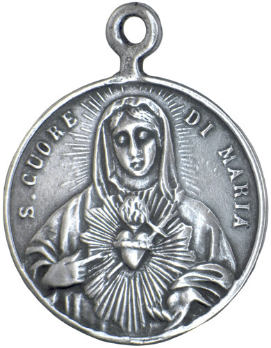 SACRED HEARTS OF JESUS AND MARY Medal, silver cast from 19th c. Italian original