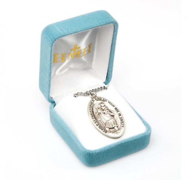 St. Christopher Sterling Silver Oval 1.4″ Medal, Gift Box, 24″ Chain, US Made