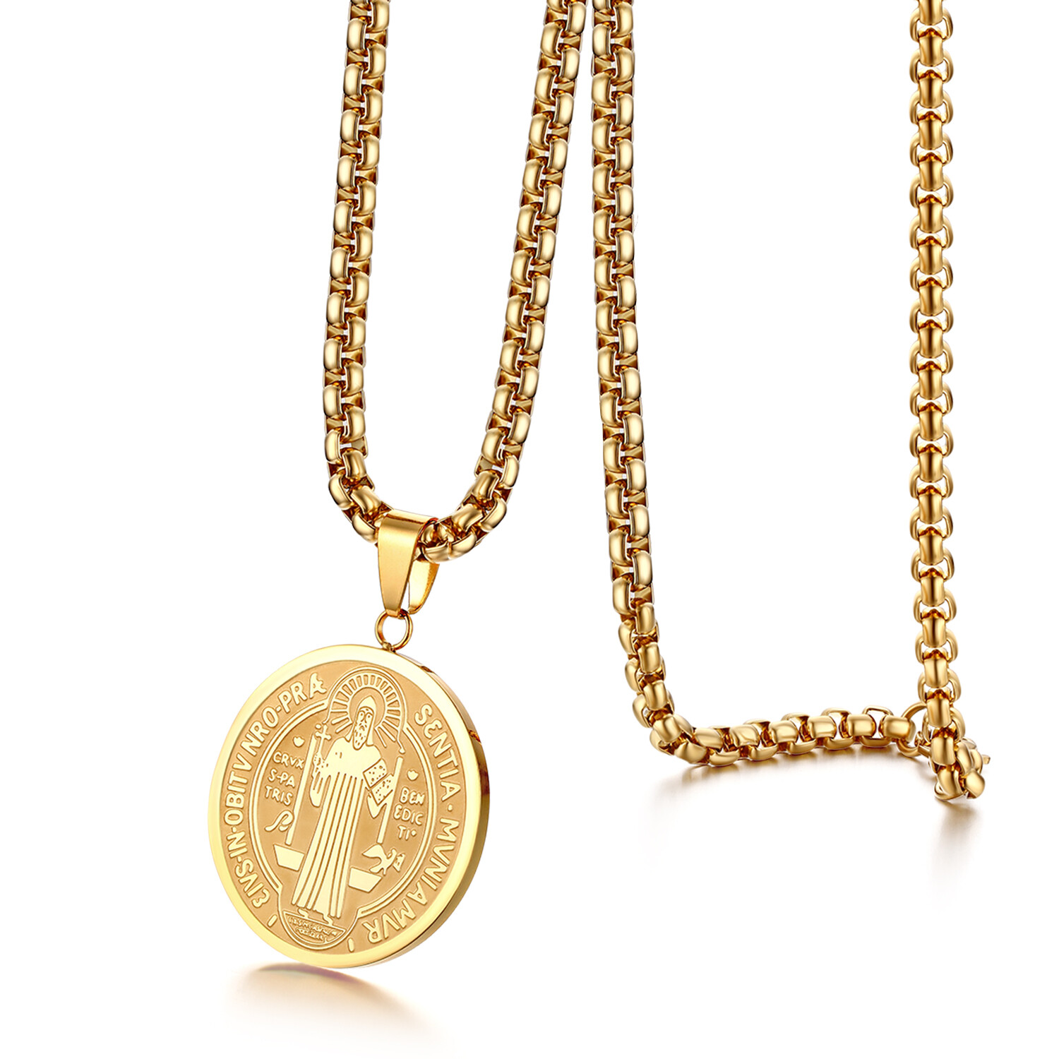 St Saint Benedict Medal Gold Plated Exorcism Pendant Necklace Stainless Steel