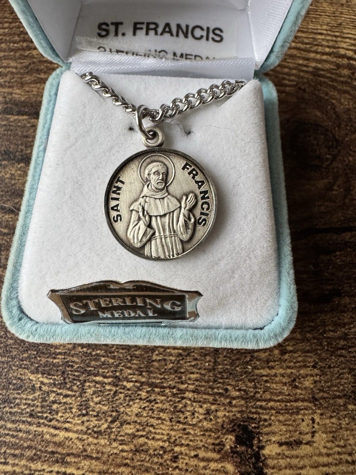 St Francis Sterling Silver Metal Toned Medal Pendant Necklace HMH With Case