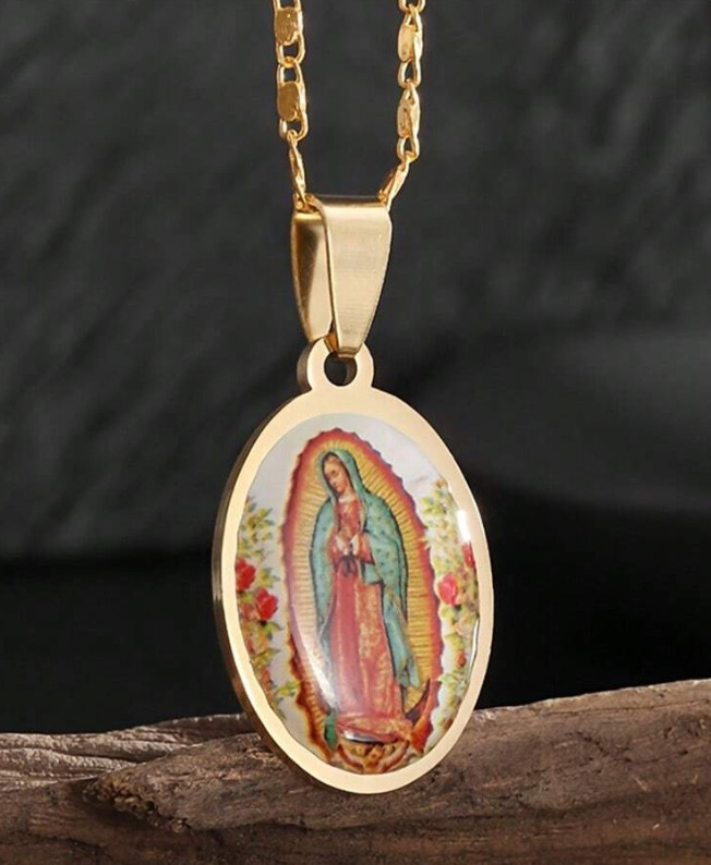 Lady of Guadeloupe Virgin Gold Multi Pendant Oval Scapular Necklace Titanium SS