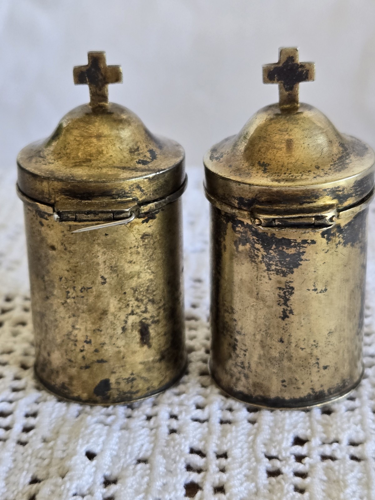 Antique 1 900 Coin Silver And 1 Brass Holy Oil Stocks Catholic Chrismatory OI