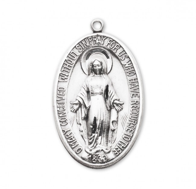 Large Miraculous 925 Sterling Silver Blessed Mary Pendant Medal Necklace