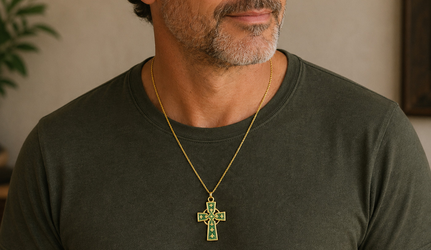 Green Celtic Cross Gold Plated Sterling Medals Fine Jewelry Pendant W/ Chain